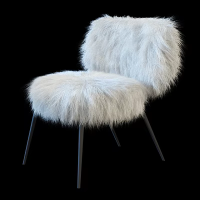 Modern White Fluffy Upholstered Accent Chair with Black Metal Legs 3d model