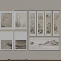 Multiple Chinese Traditional Landscape Flower Paintings Framed on Light Wall for Interior Decoration