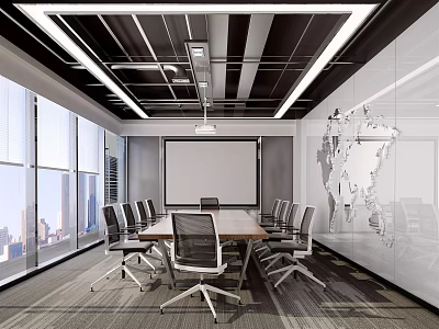 Modern Conference Room With Large Windows Long Meeting Table And World Map Decor 3d model