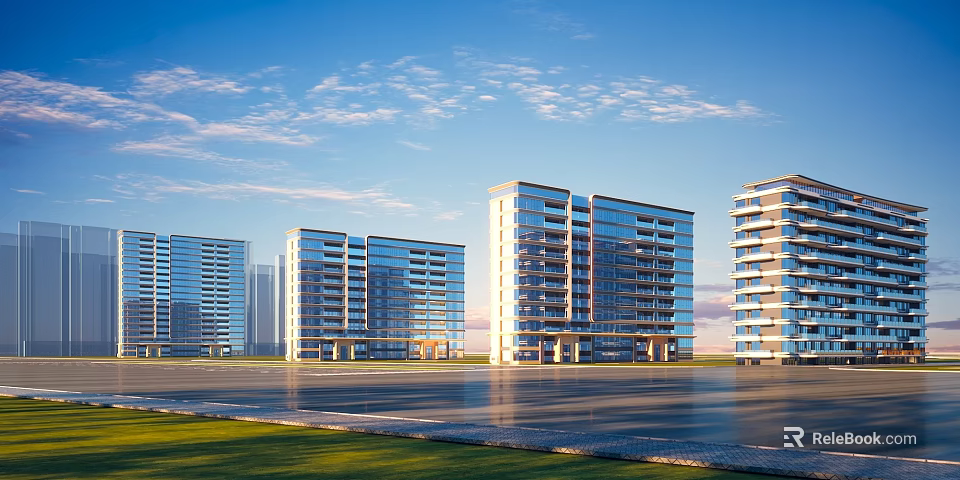 Modern High Rise Residential Buildings With Glass Curtain Walls And Spacious Surroundings Under Blue Sky 3d model 