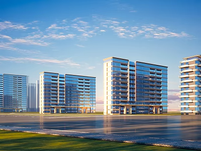 Modern High Rise Residential Buildings With Glass Curtain Walls And Spacious Surroundings Under Blue Sky 3d model