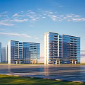Modern High Rise Residential Buildings With Glass Curtain Walls And Spacious Surroundings Under Blue Sky