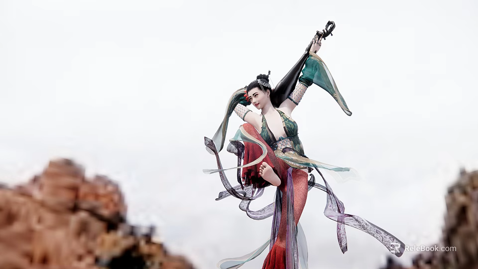 Woman Dancing In Traditional Costume With Flowing Ribbons And Instrument Against Mountain Clouds 3d model 