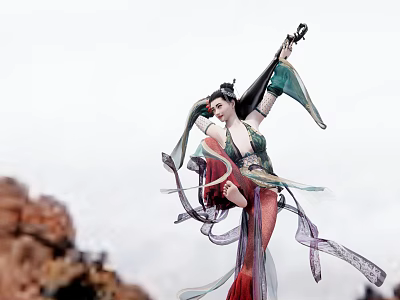 Woman Dancing In Traditional Costume With Flowing Ribbons And Instrument Against Mountain Clouds 3d model