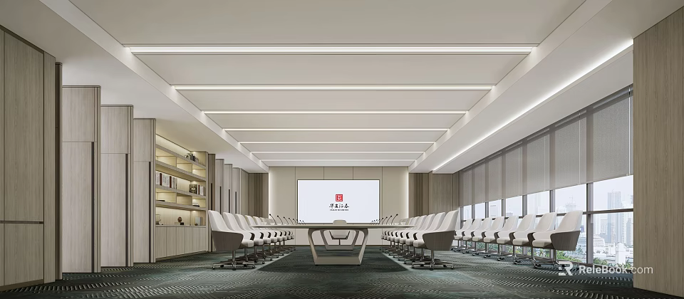 Modern Conference Room Interior With Long Table White Chairs Large Screen And Bookshelves 3d model 