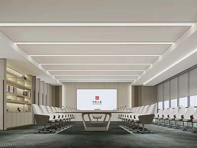 Modern Conference Room Interior With Long Table White Chairs Large Screen And Bookshelves 3d model