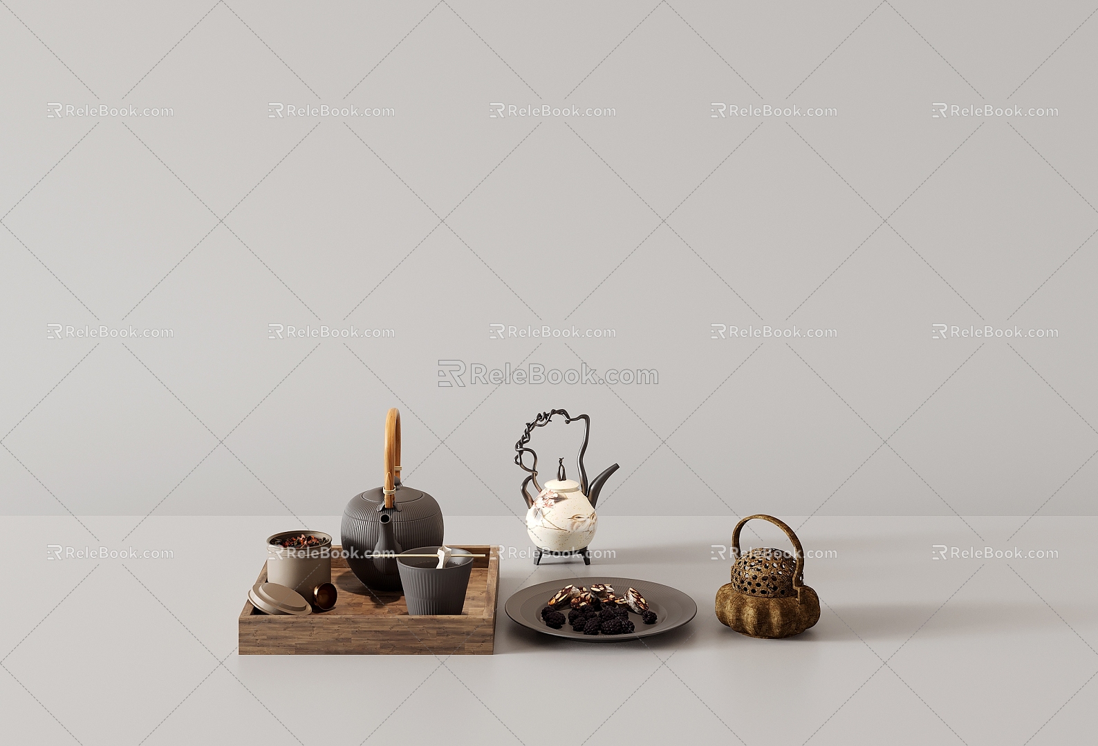 Chinese Ornaments Combination Tea Set Ceramic Purple Sand Pot Tea Tray 3d model