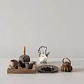 Elegant Tea Set Display With Black Teapot Tea Cups On Wooden Tray And White Background