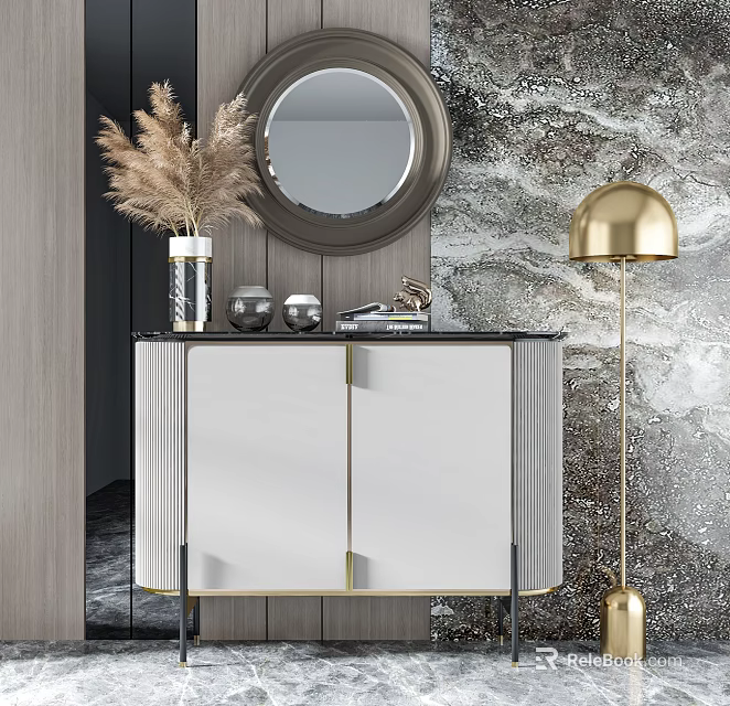 Elegant Modern Console Cabinet With Round Mirror Dried Pampas Grass Golden Floor Lamp Metal Accents 3d model 