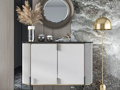 Elegant Modern Console Cabinet With Round Mirror Dried Pampas Grass Golden Floor Lamp Metal Accents 3d model