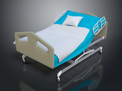 Adjustable Medical Bed With Blue Mattress White Pillow And Wheels For Patient Care 3d model