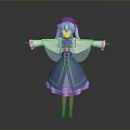 Anime Game Character With Blue Hair Purple Dress And White Cape Arms Outstretched Pose
