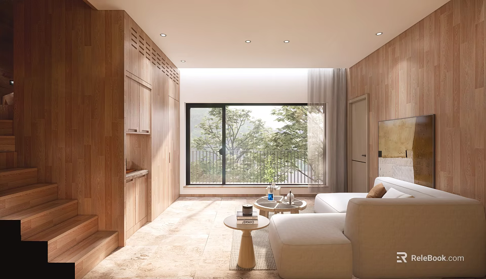 Modern Hotel Guest Room With Wooden Interior Large Windows Natural Light And Cozy Sofa 3d model 