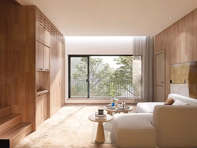 Modern Hotel Guest Room With Wooden Interior Large Windows Natural Light And Cozy Sofa 3d model