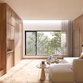 Modern Hotel Guest Room With Wooden Interior Large Windows Natural Light And Cozy Sofa