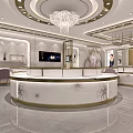 Elegant Jewelry Store Interior With Round Display Counter Chandelier And Displayed Jewelry