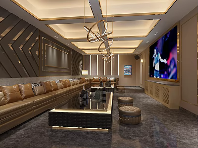 Modern KTV Interior Design With Golden Sofas Coffee Table TV Screen And Chandeliers 3d model