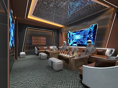 Modern KTV Room Interior With Large LED Screen Leather Sofa Patterned Carpet And Ambient Lighting 3d model