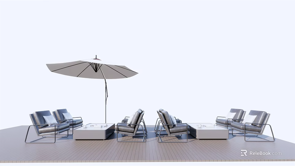 Outdoor Sofa Set With Metal Frame And Coffee Table Under Patio Umbrella 3d model