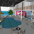 Modern Indoor Swimming Pool With Blue Water Palm Trees And Ceiling Lights