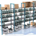Blue Metal Shelving Units with Multiple Shelves Holding Bottles Cardboard Boxes And White Containers