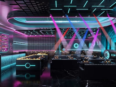Modern Bar Interior Design With Neon Lights Purple Blue Lighting Bar Counter And Seating Area 3d model