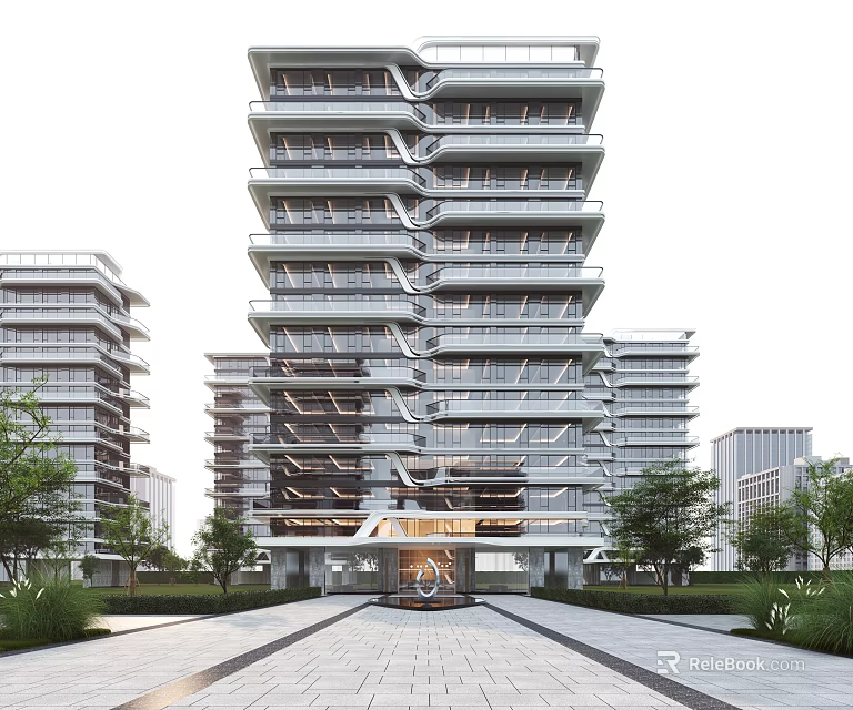 Modern High Rise Residential Building With Glass Curtain Walls And Greenery Surrounding Entrance Pathway 3d model 