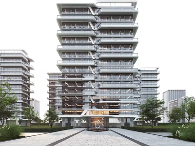 Modern High Rise Residential Building With Glass Curtain Walls And Greenery Surrounding Entrance Pathway 3d model