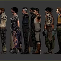 Various Costumed Creatures and Characters Standing in Line With Outstretched Arms Against Gray Background Reflections