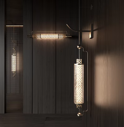 Modern Wall Lamp Design With Metal Frame Mounted On Wooden Wall And Warm Illumination 3d model