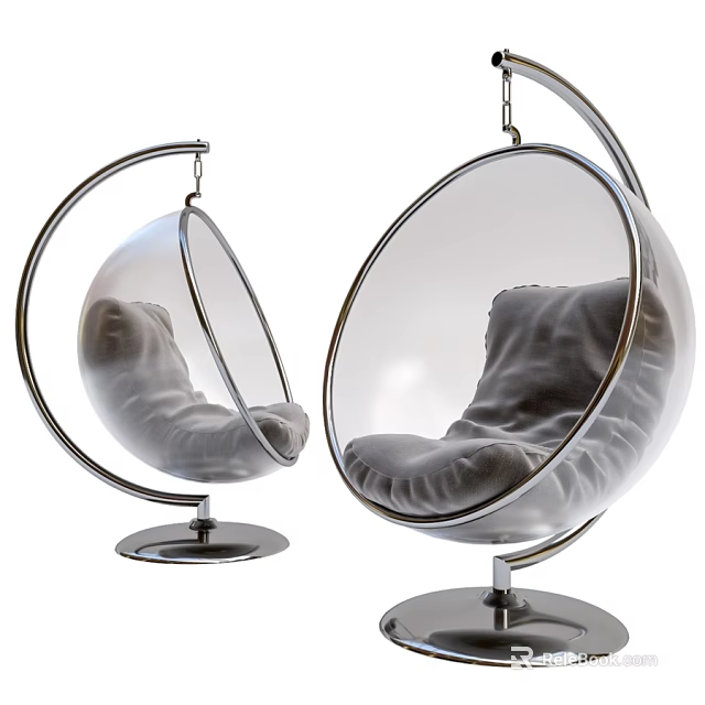 Stylish Transparent Bubble Hanging Leisure Chair With Soft Grey Velvet Cushion And Polished Metal Base 3d model 
