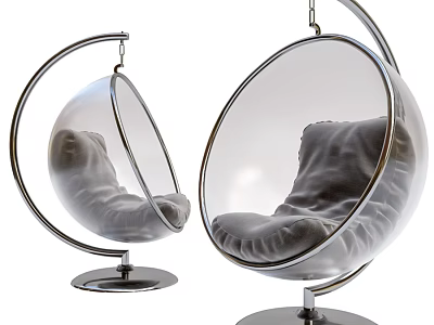 Stylish Transparent Bubble Hanging Leisure Chair With Soft Grey Velvet Cushion And Polished Metal Base 3d model