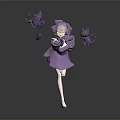 Anime Style Game Character With Purple Hair And Purple Dress Holding Wand And Purple Kittens