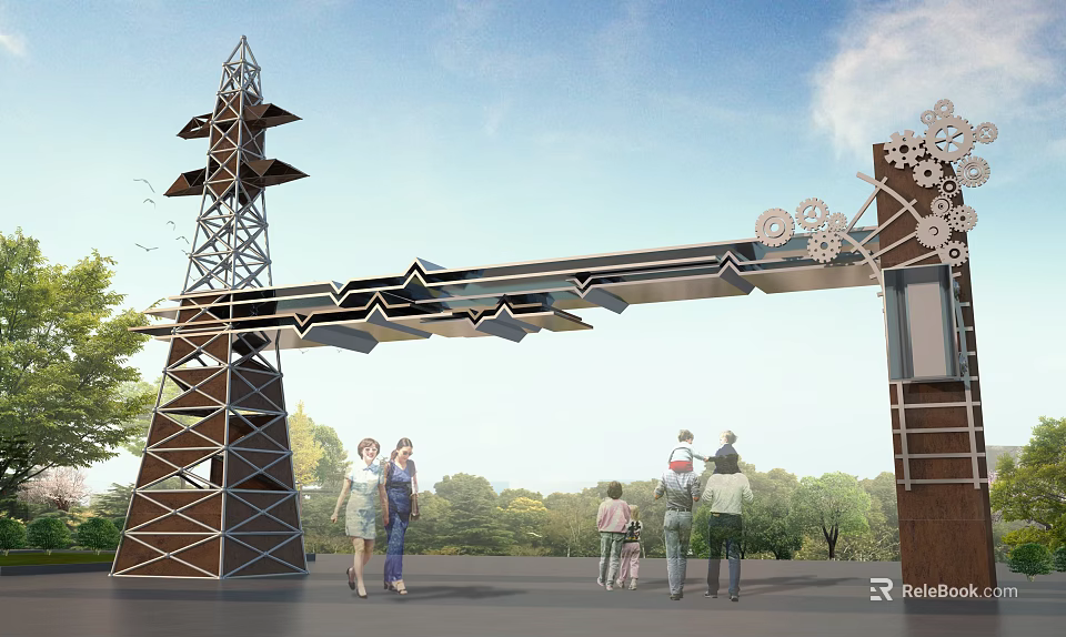 Modern Entrance Gate With Geometric Metal Frame Tower And People Near Green Trees 3d model 