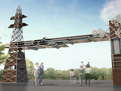 Modern Entrance Gate With Geometric Metal Frame Tower And People Near Green Trees 3d model