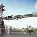 Modern Entrance Gate With Geometric Metal Frame Tower And People Near Green Trees