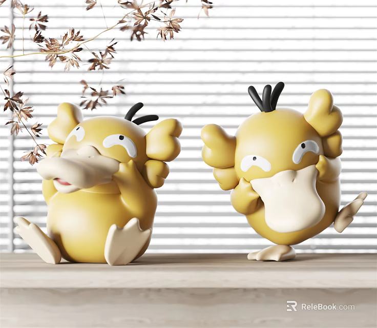 Yellow Cartoon Duck Shaped Decorative Ornament Set With Different Poses And Dried Branch Decor 3d model 