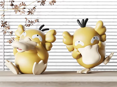 Yellow Cartoon Duck Shaped Decorative Ornament Set With Different Poses And Dried Branch Decor 3d model