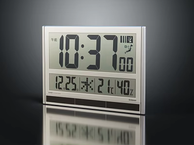 Digital Electronic Clock With Time Date Temperature Display And Sleek Silver Frame On Reflective Surface 3d model
