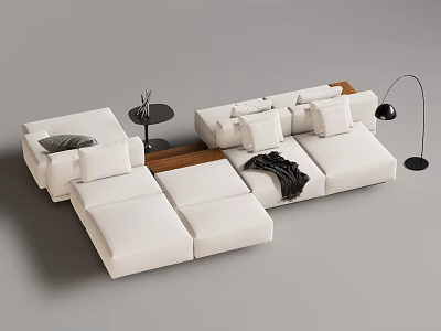 Modern White Sectional Sofa with Plush Pillows Soft Blanket Side Table and Floor Lamp 3d model