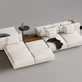 Modern White Sectional Sofa with Plush Pillows Soft Blanket Side Table and Floor Lamp 3d model