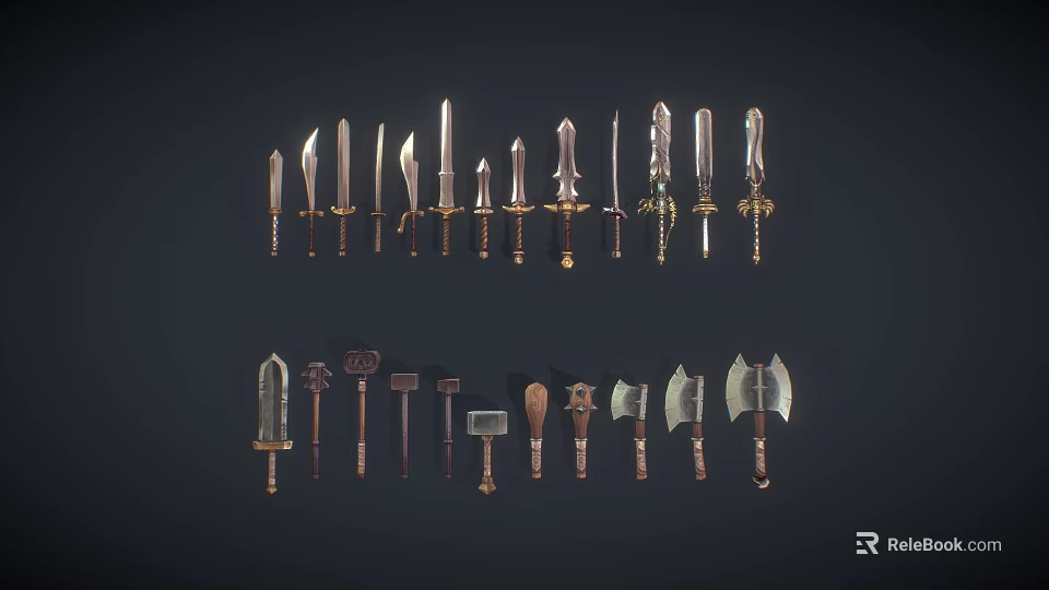 Collection of various types of melee weapons including swords axes and hammers 3d model 