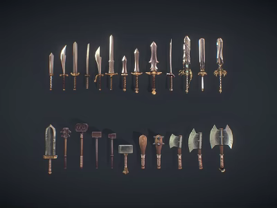 Collection of various types of melee weapons including swords axes and hammers 3d model