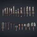 Collection of various types of melee weapons including swords axes and hammers