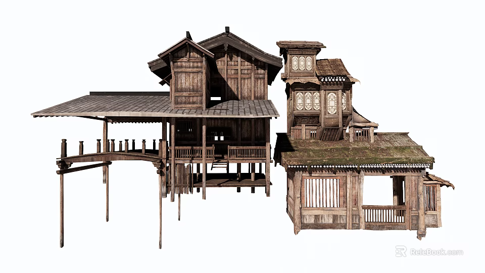 Traditional Wooden Commercial Complex With Classic Roof And Wooden Pillar Design 3d model 