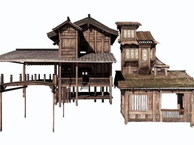 Traditional Wooden Commercial Complex With Classic Roof And Wooden Pillar Design 3d model