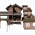 Traditional Wooden Commercial Complex With Classic Roof And Wooden Pillar Design
