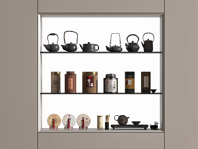 Elegant Tea Set Arrangement with Multiple Teapots Tea Caddies and Saucers on Shelf 3d model