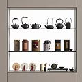 Elegant Tea Set Arrangement with Multiple Teapots Tea Caddies and Saucers on Shelf