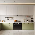 Modern Kitchen Interior Design With White Cabinets Green Drawers And Black Appliances